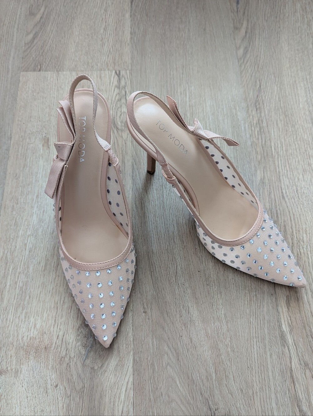 Nude Sparkle Rhinestone Bling Pointed Slingback Pumps/Heels with Crystal Accents